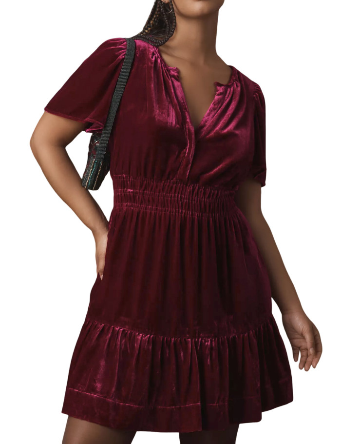 R.Vivimos Women's Fall Winter Vintage Casual Dresses Velvet Short Sleeve V Neck Elastic Waist Tiered Flowy Swing Mini Dress