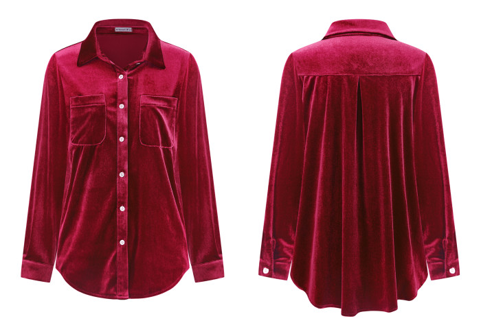 R.Vivimos Women Velvet Tops Sexy Blouses Long Sleeve V-neck Button Down Casual Shirts