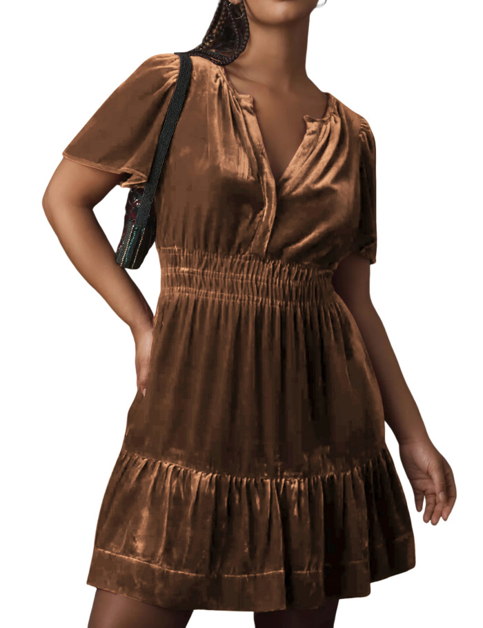R.Vivimos Women's Fall Winter Vintage Casual Dresses Velvet Short Sleeve V Neck Elastic Waist Tiered Flowy Swing Mini Dress