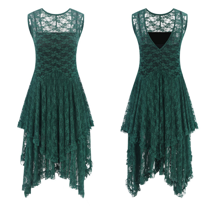 R.Vivimos Womens Sleeveless Backless Asymmetrical Layered Lace Long Dress with Slip Two Pieces