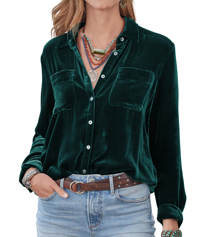 R.Vivimos Women Velvet Tops Sexy Blouses Long Sleeve V-neck Button Down Casual Shirts