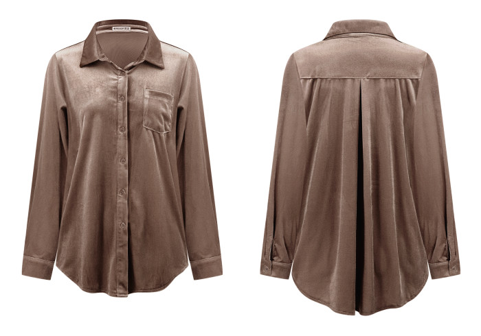 R.Vivimos Women Velvet Tops Sexy Blouses Long Sleeve V-neck Button Down Casual Shirts