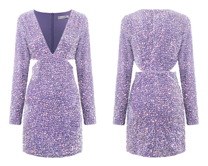 R.Vivimos Womens Glitter Sequin Party Dresses Fall Winter Long Sleeve Sexy Deep V Neck Cut Out Sparkly Club Velvet Mini Dress