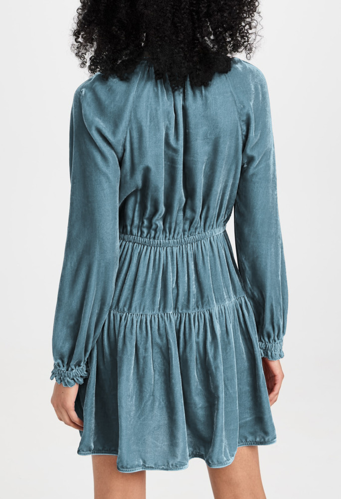 R.Vivimos Womens Fall Velvet Mini Dress V Neck Long Sleeve Elastic Waist Winter Tiered Flowy Swing A-Line Dress with Pockets