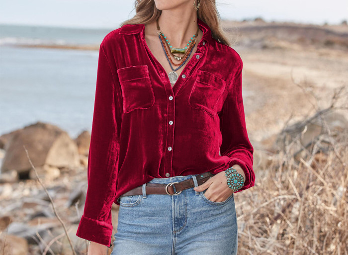 R.Vivimos Women Velvet Tops Sexy Blouses Long Sleeve V-neck Button Down Casual Shirts