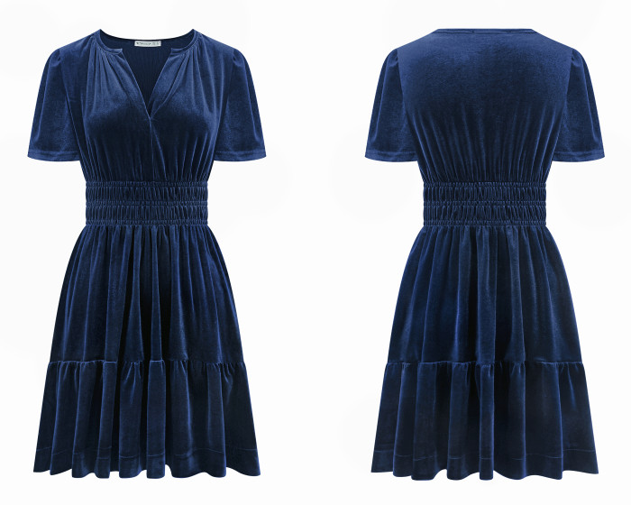 R.Vivimos Women's Fall Winter Vintage Casual Dresses Velvet Short Sleeve V Neck Elastic Waist Tiered Flowy Swing Mini Dress