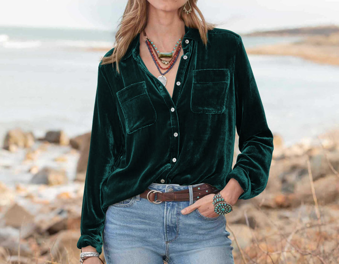 R.Vivimos Women Velvet Tops Sexy Blouses Long Sleeve V-neck Button Down Casual Shirts