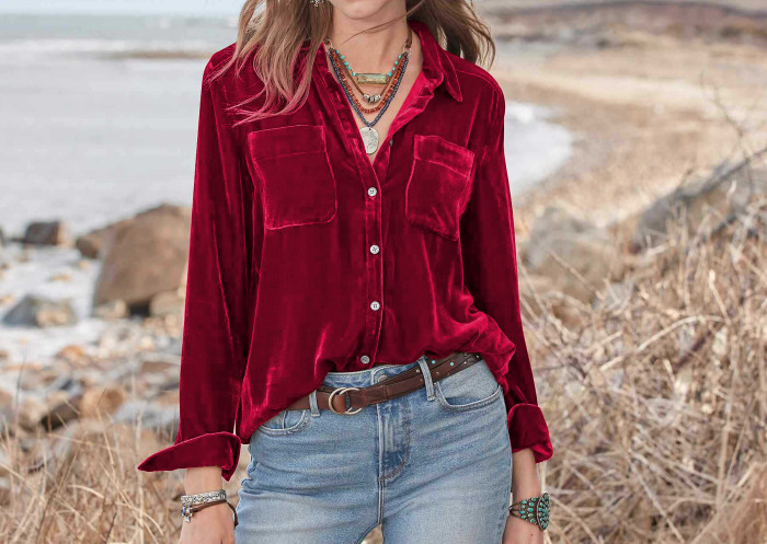 R.Vivimos Women Velvet Tops Sexy Blouses Long Sleeve V-neck Button Down Casual Shirts