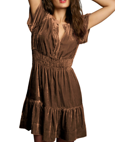 R.Vivimos Women's Fall Winter Vintage Casual Dresses Velvet Short Sleeve V Neck Elastic Waist Tiered Flowy Swing Mini Dress