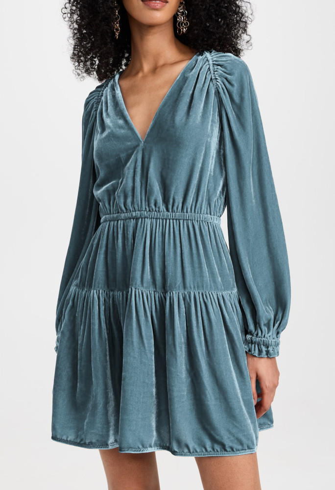 R.Vivimos Womens Fall Velvet Mini Dress V Neck Long Sleeve Elastic Waist Winter Tiered Flowy Swing A-Line Dress with Pockets