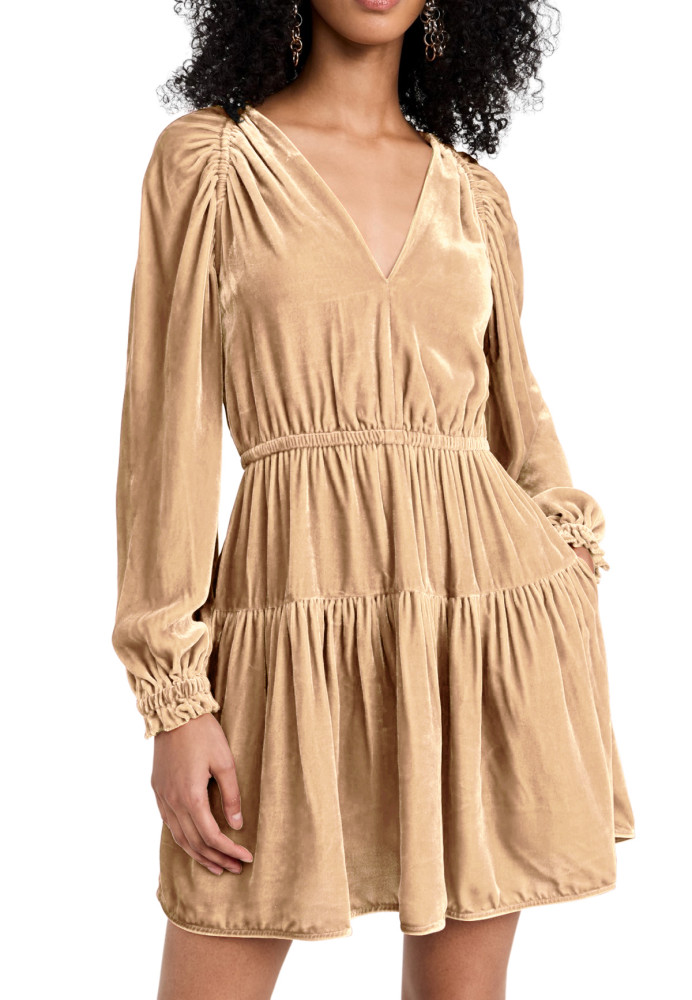 R.Vivimos Womens Fall Velvet Mini Dress V Neck Long Sleeve Elastic Waist Winter Tiered Flowy Swing A-Line Dress with Pockets