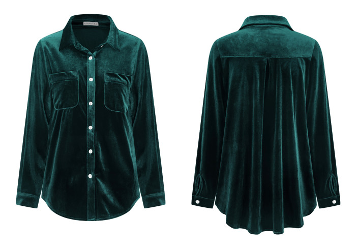 R.Vivimos Women Velvet Tops Sexy Blouses Long Sleeve V-neck Button Down Casual Shirts