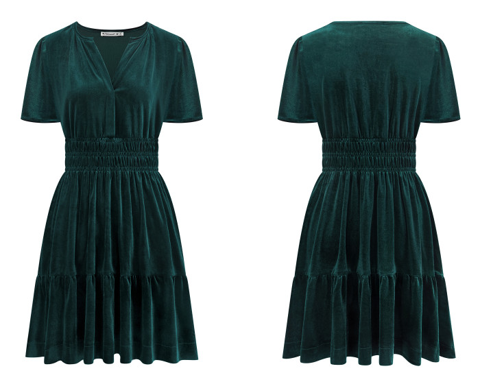 R.Vivimos Women's Fall Winter Vintage Casual Dresses Velvet Short Sleeve V Neck Elastic Waist Tiered Flowy Swing Mini Dress