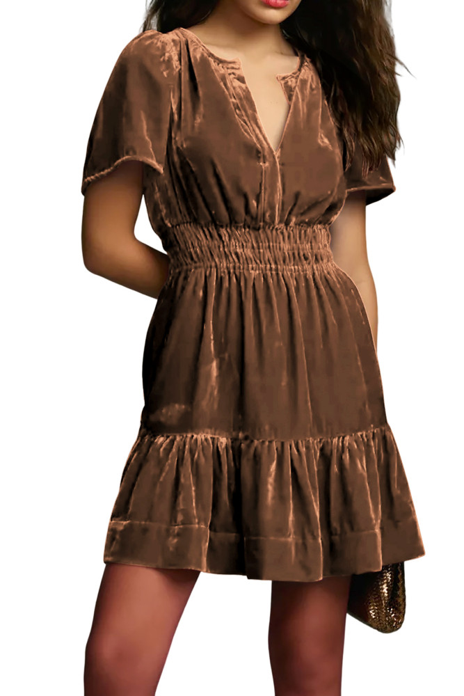 R.Vivimos Women's Fall Winter Vintage Casual Dresses Velvet Short Sleeve V Neck Elastic Waist Tiered Flowy Swing Mini Dress