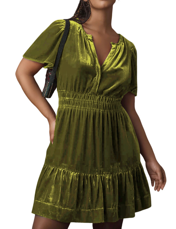 R.Vivimos Women's Fall Winter Vintage Casual Dresses Velvet Short Sleeve V Neck Elastic Waist Tiered Flowy Swing Mini Dress