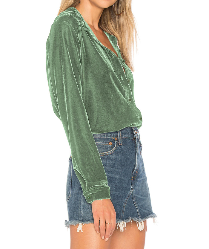 R.Vivimos Women Velvet Tops Sexy Blouses Long Sleeve V-neck Button Down Casual Shirts
