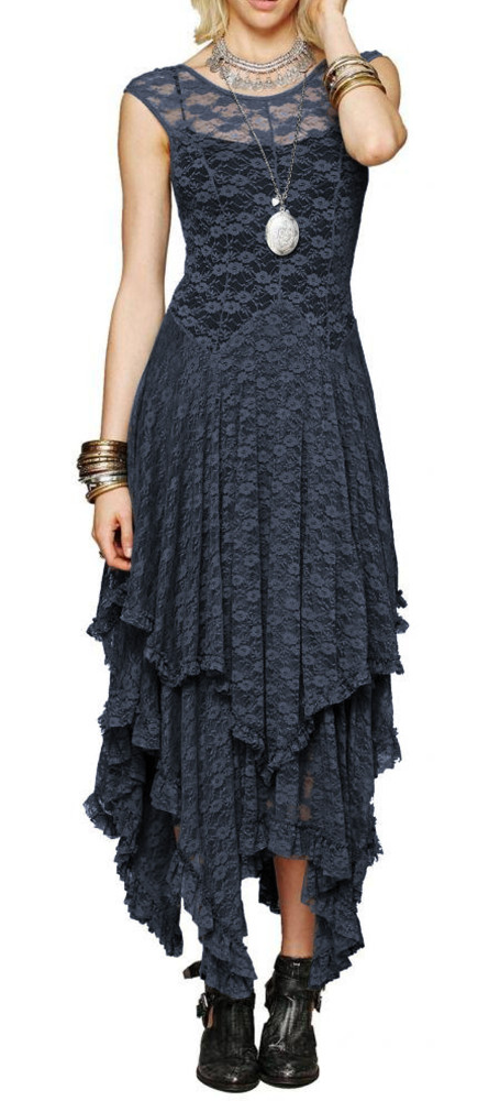 R.Vivimos Womens Sleeveless Backless Asymmetrical Layered Lace Long Dress with Slip Two Pieces