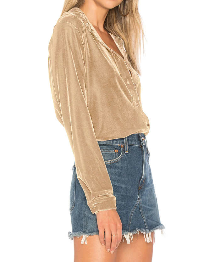 R.Vivimos Women Velvet Tops Sexy Blouses Long Sleeve V-neck Button Down Casual Shirts
