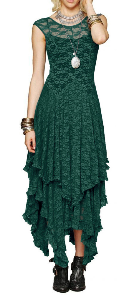 R.Vivimos Womens Sleeveless Backless Asymmetrical Layered Lace Long Dress with Slip Two Pieces