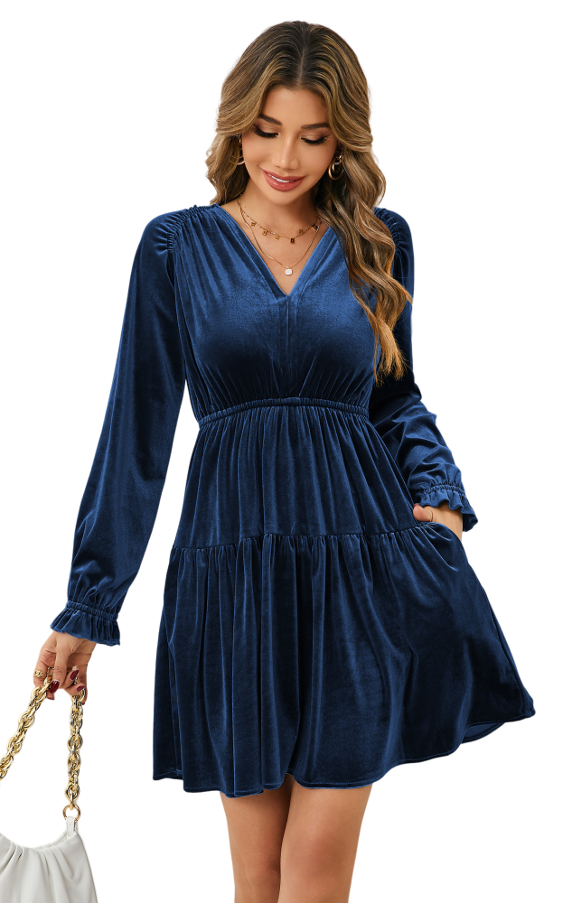 R.Vivimos Womens Fall Velvet Mini Dress V Neck Long Sleeve Elastic Waist Winter Tiered Flowy Swing A-Line Dress with Pockets