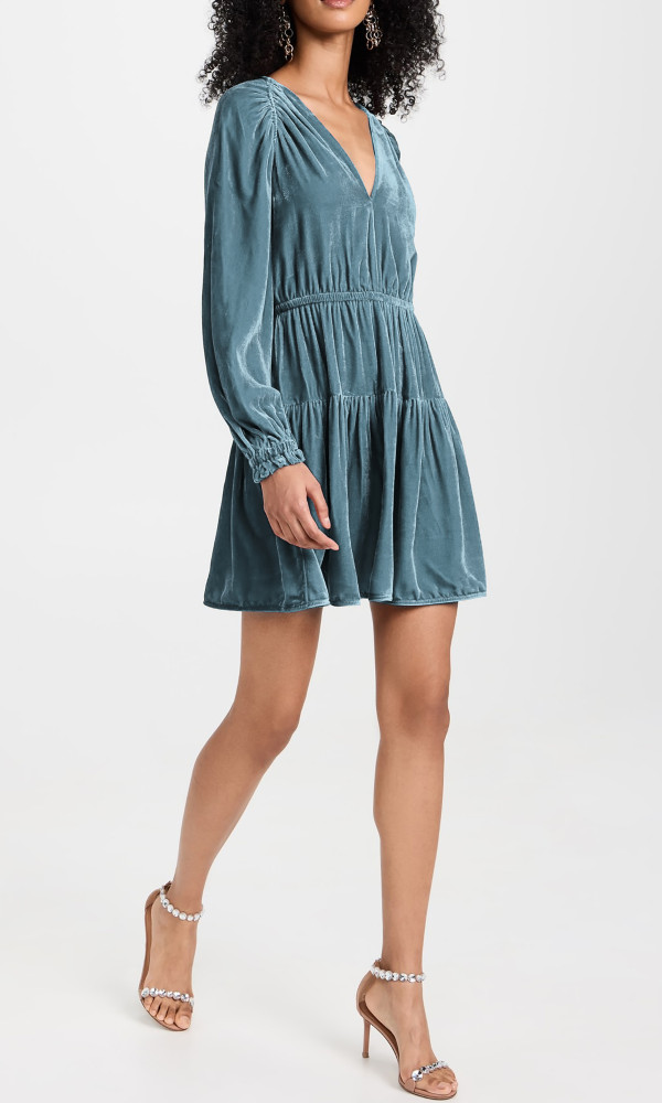 R.Vivimos Womens Fall Velvet Mini Dress V Neck Long Sleeve Elastic Waist Winter Tiered Flowy Swing A-Line Dress with Pockets