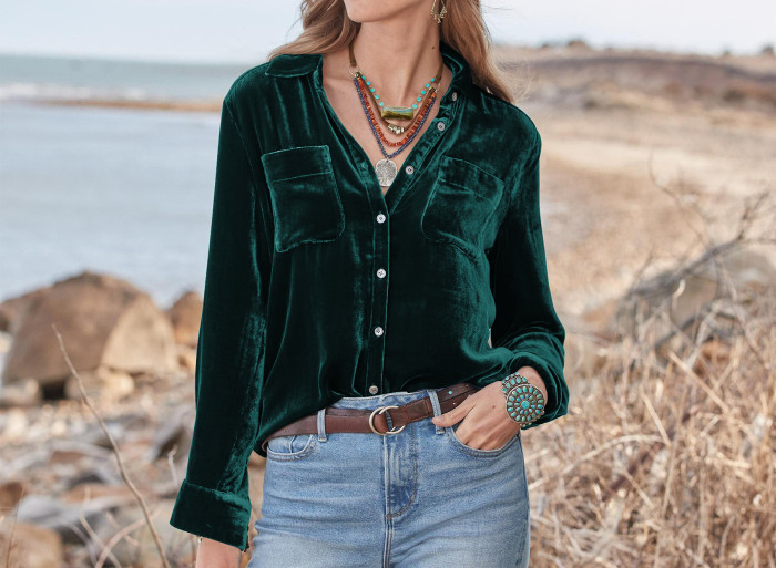 R.Vivimos Women Velvet Tops Sexy Blouses Long Sleeve V-neck Button Down Casual Shirts