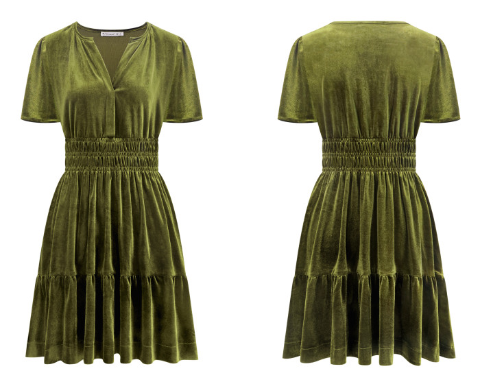R.Vivimos Women's Fall Winter Vintage Casual Dresses Velvet Short Sleeve V Neck Elastic Waist Tiered Flowy Swing Mini Dress
