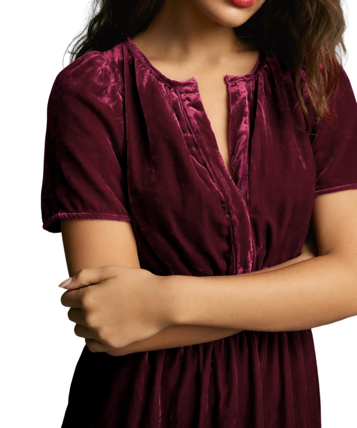 R.Vivimos Women's Fall Winter Vintage Casual Dresses Velvet Short Sleeve V Neck Elastic Waist Tiered Flowy Swing Mini Dress
