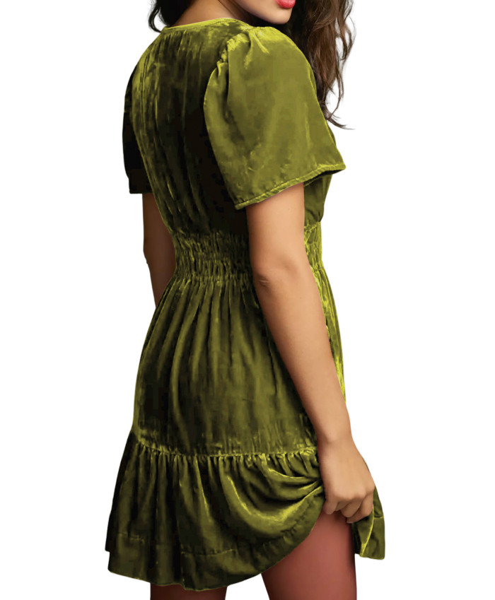 R.Vivimos Women's Fall Winter Vintage Casual Dresses Velvet Short Sleeve V Neck Elastic Waist Tiered Flowy Swing Mini Dress