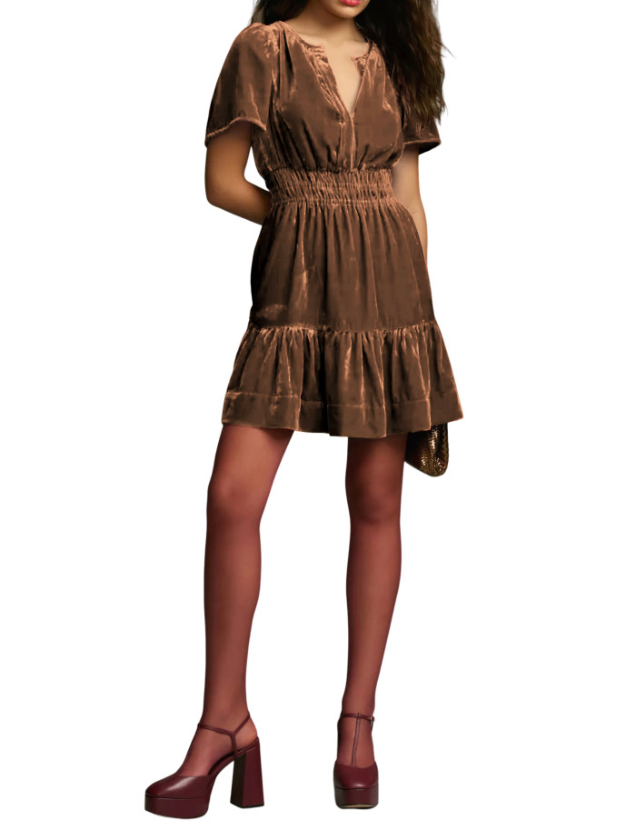 R.Vivimos Women's Fall Winter Vintage Casual Dresses Velvet Short Sleeve V Neck Elastic Waist Tiered Flowy Swing Mini Dress