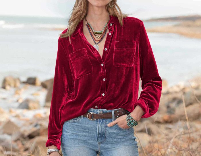 R.Vivimos Women Velvet Tops Sexy Blouses Long Sleeve V-neck Button Down Casual Shirts