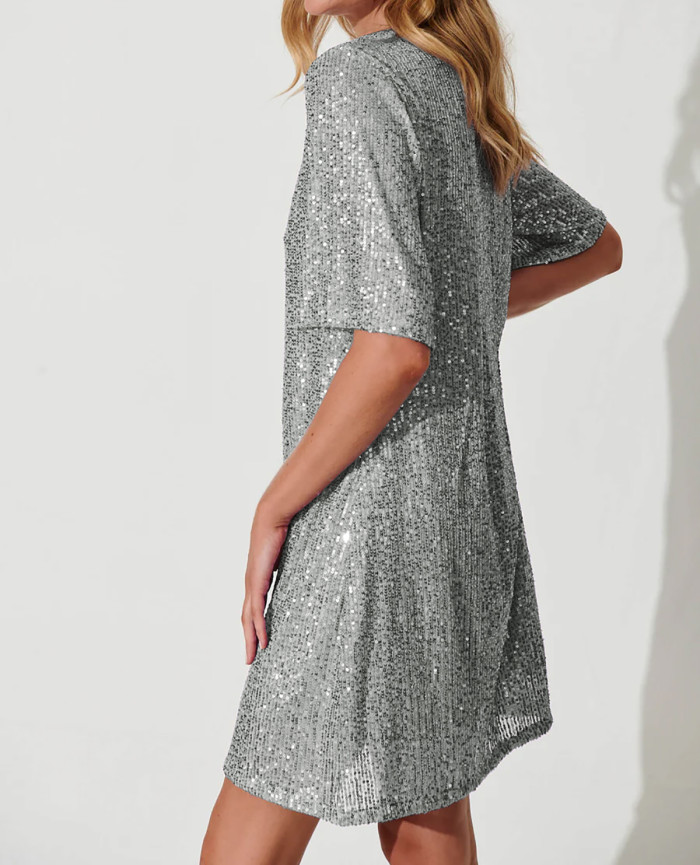 R.Vivimos Women's Trendy Party Sparkly Sequin Dress Short Sleeve Back Button Crew Neck Loose Fit Glitter Mini Dress