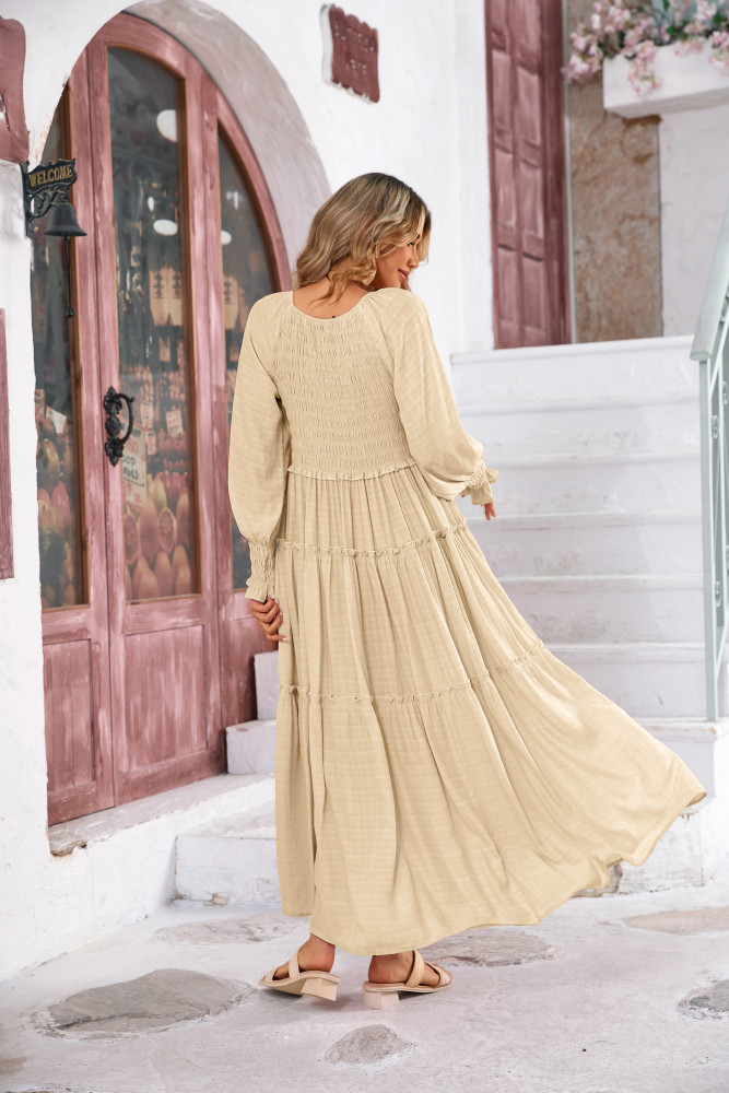 R.Vivimos Maxi Dress for Women Long Sleeve V Neck Empire Waist Layered Ruffle Boho Casual Flowy Long Dresses