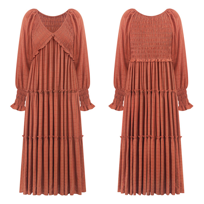 R.Vivimos Maxi Dress for Women Long Sleeve V Neck Empire Waist Layered Ruffle Boho Casual Flowy Long Dresses