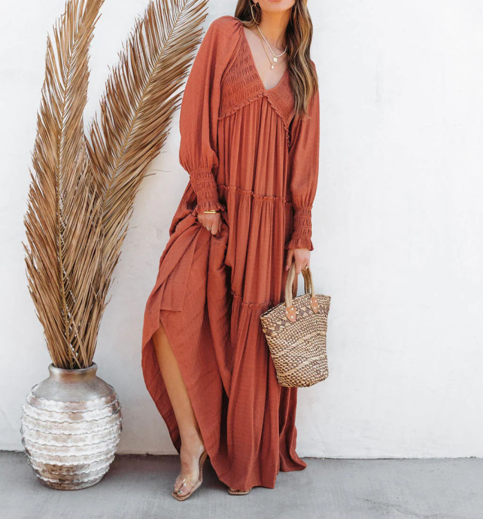 R.Vivimos Maxi Dress for Women Long Sleeve V Neck Empire Waist Layered Ruffle Boho Casual Flowy Long Dresses