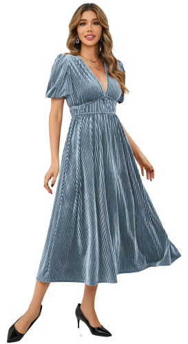 R.Vivimos Women's Fall Winter Velvet Dress Puff Sleeve Sexy Deep V Neck Elastic High Waist A-Line Elegant Casual Midi Dress