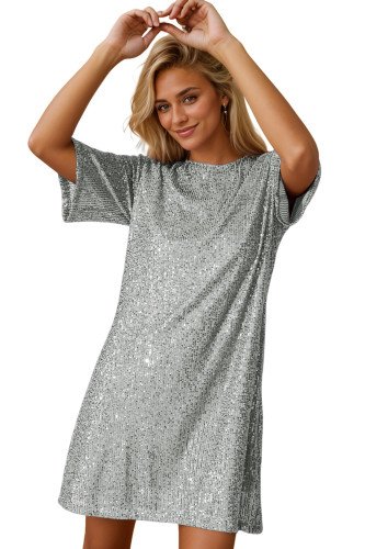 R.Vivimos Women's Trendy Party Sparkly Sequin Dress Short Sleeve Back Button Crew Neck Loose Fit Glitter Mini Dress