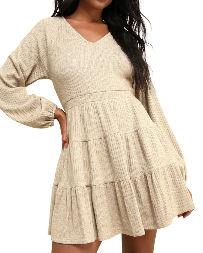 R.Vivimos Womens Fall Dresses Lantern Sleeve V Neck Stretchy Ribbed Knit A-Line Tiered Mini Skater Dress