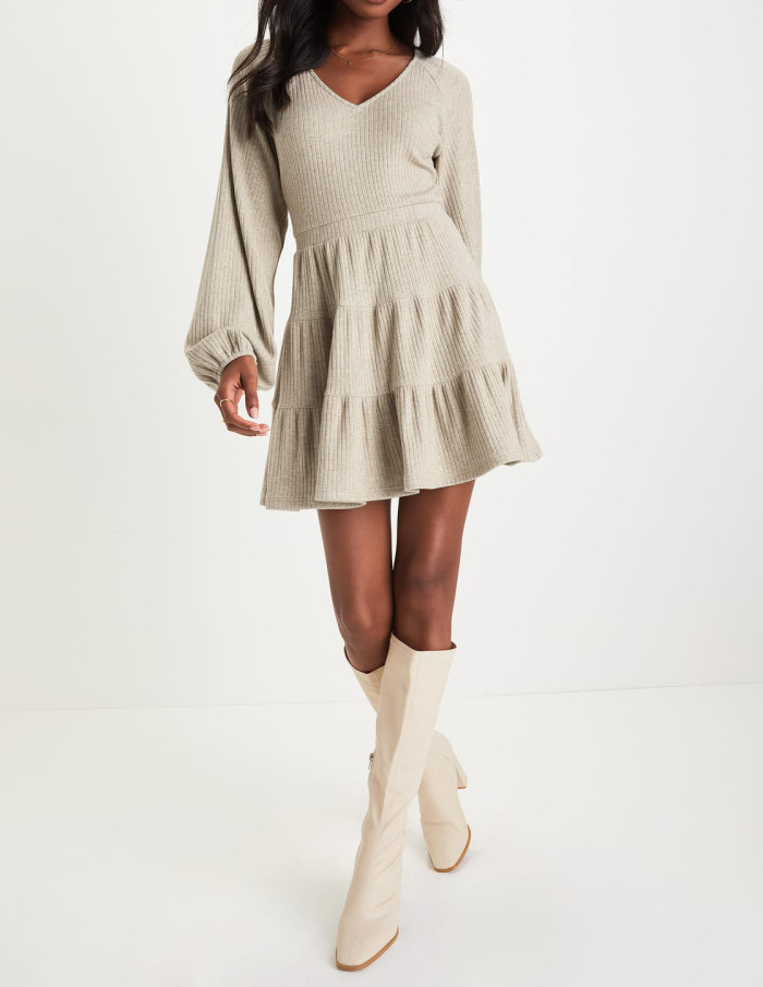 R.Vivimos Womens Fall Dresses Lantern Sleeve V Neck Stretchy Ribbed Knit A-Line Tiered Mini Skater Dress