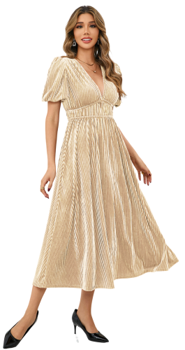 R.Vivimos Women's Fall Winter Velvet Dress Puff Sleeve Sexy Deep V Neck Elastic High Waist A-Line Elegant Casual Midi Dress