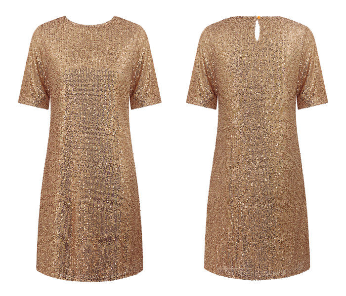 R.Vivimos Women's Trendy Party Sparkly Sequin Dress Short Sleeve Back Button Crew Neck Loose Fit Glitter Mini Dress