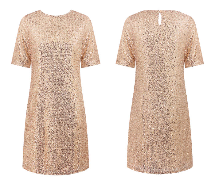 R.Vivimos Women's Trendy Party Sparkly Sequin Dress Short Sleeve Back Button Crew Neck Loose Fit Glitter Mini Dress