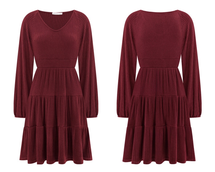 R.Vivimos Womens Fall Dresses Lantern Sleeve V Neck Stretchy Ribbed Knit A-Line Tiered Mini Skater Dress