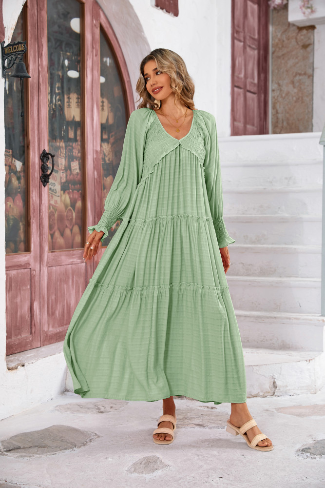 R.Vivimos Maxi Dress for Women Long Sleeve V Neck Empire Waist Layered Ruffle Boho Casual Flowy Long Dresses