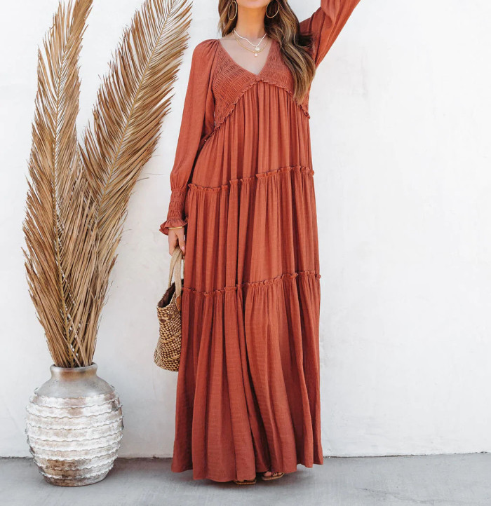 R.Vivimos Maxi Dress for Women Long Sleeve V Neck Empire Waist Layered Ruffle Boho Casual Flowy Long Dresses