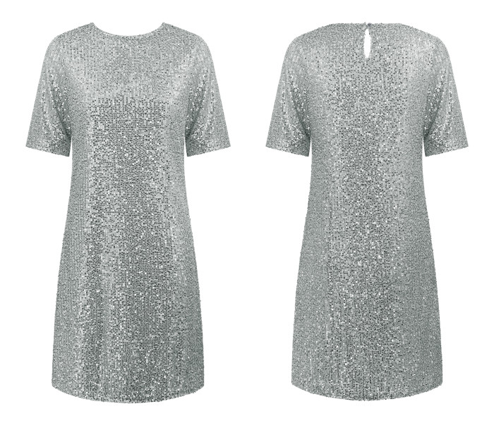 R.Vivimos Women's Trendy Party Sparkly Sequin Dress Short Sleeve Back Button Crew Neck Loose Fit Glitter Mini Dress