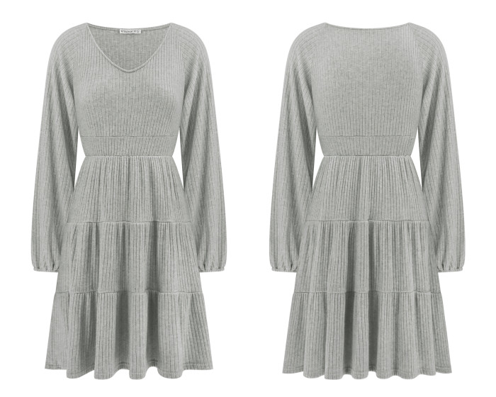R.Vivimos Womens Fall Dresses Lantern Sleeve V Neck Stretchy Ribbed Knit A-Line Tiered Mini Skater Dress