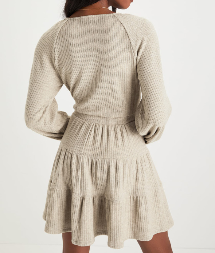 R.Vivimos Womens Fall Dresses Lantern Sleeve V Neck Stretchy Ribbed Knit A-Line Tiered Mini Skater Dress