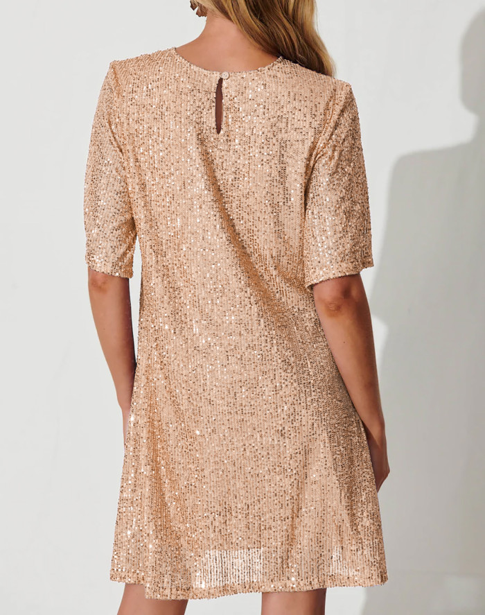 R.Vivimos Women's Trendy Party Sparkly Sequin Dress Short Sleeve Back Button Crew Neck Loose Fit Glitter Mini Dress