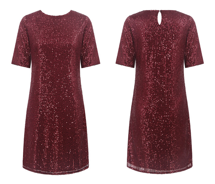 R.Vivimos Women's Trendy Party Sparkly Sequin Dress Short Sleeve Back Button Crew Neck Loose Fit Glitter Mini Dress